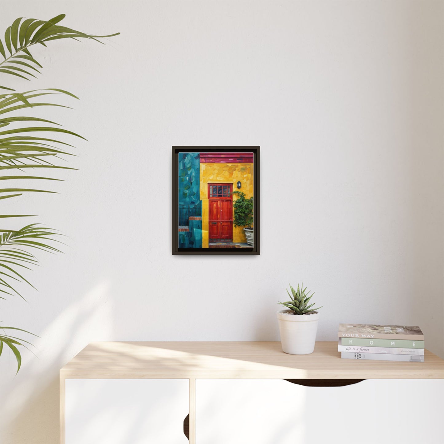 Framed Matte Canvas Wall Art — Colorful Red Door on Yellow Facade