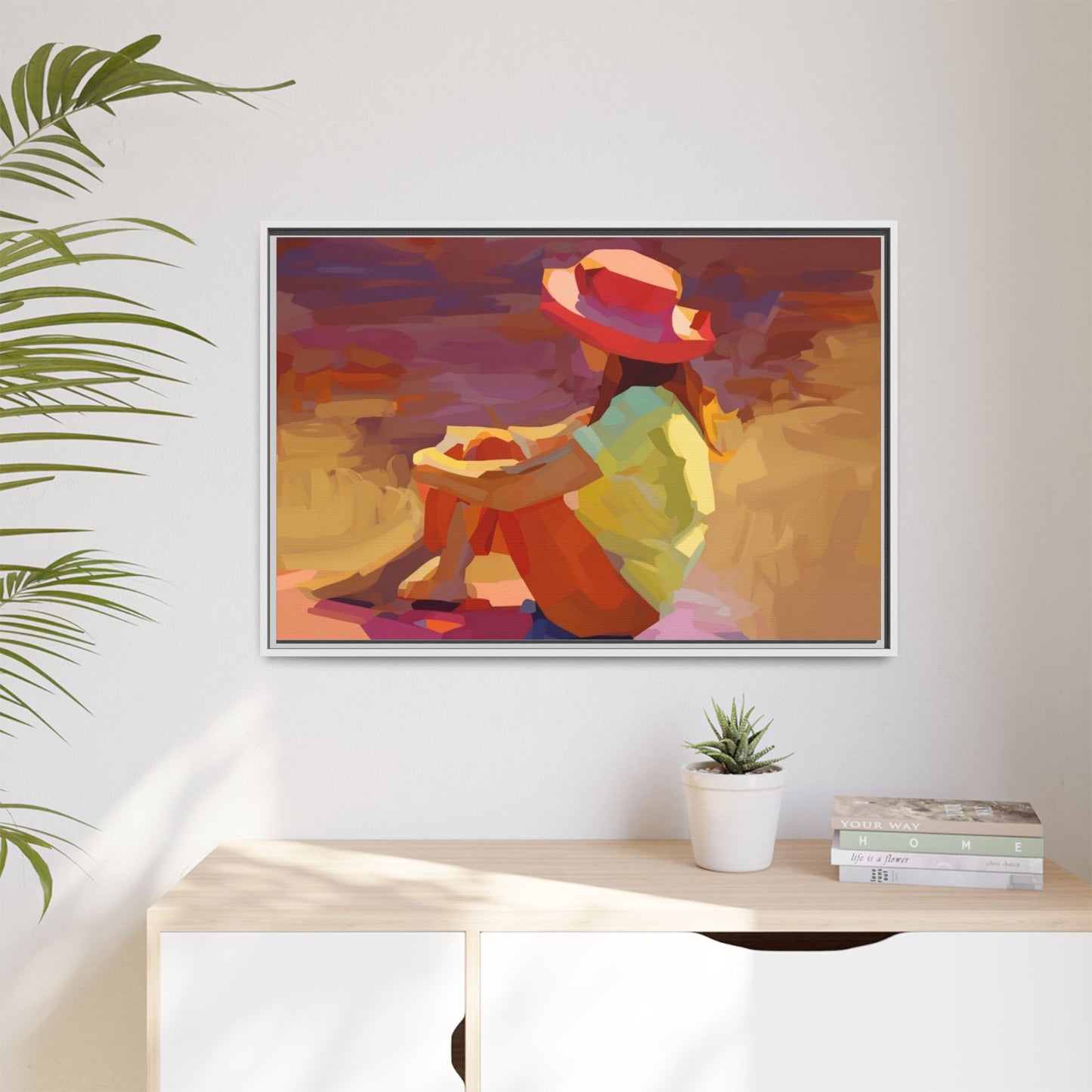 Framed Matte Canvas — Colorful Seated Girl Beach Art