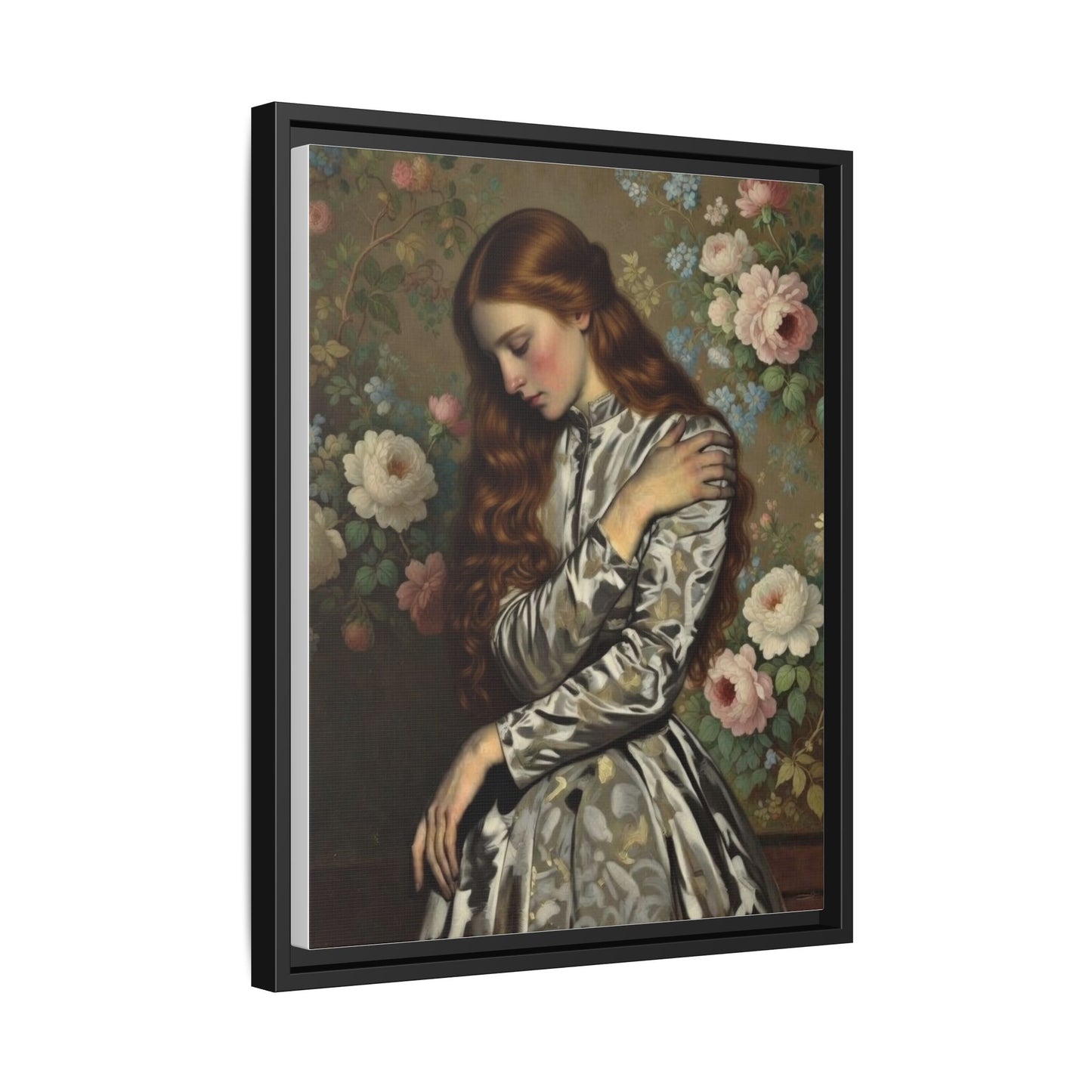 Framed Matte Canvas Art — Vintage Floral Portrait of a Young Woman