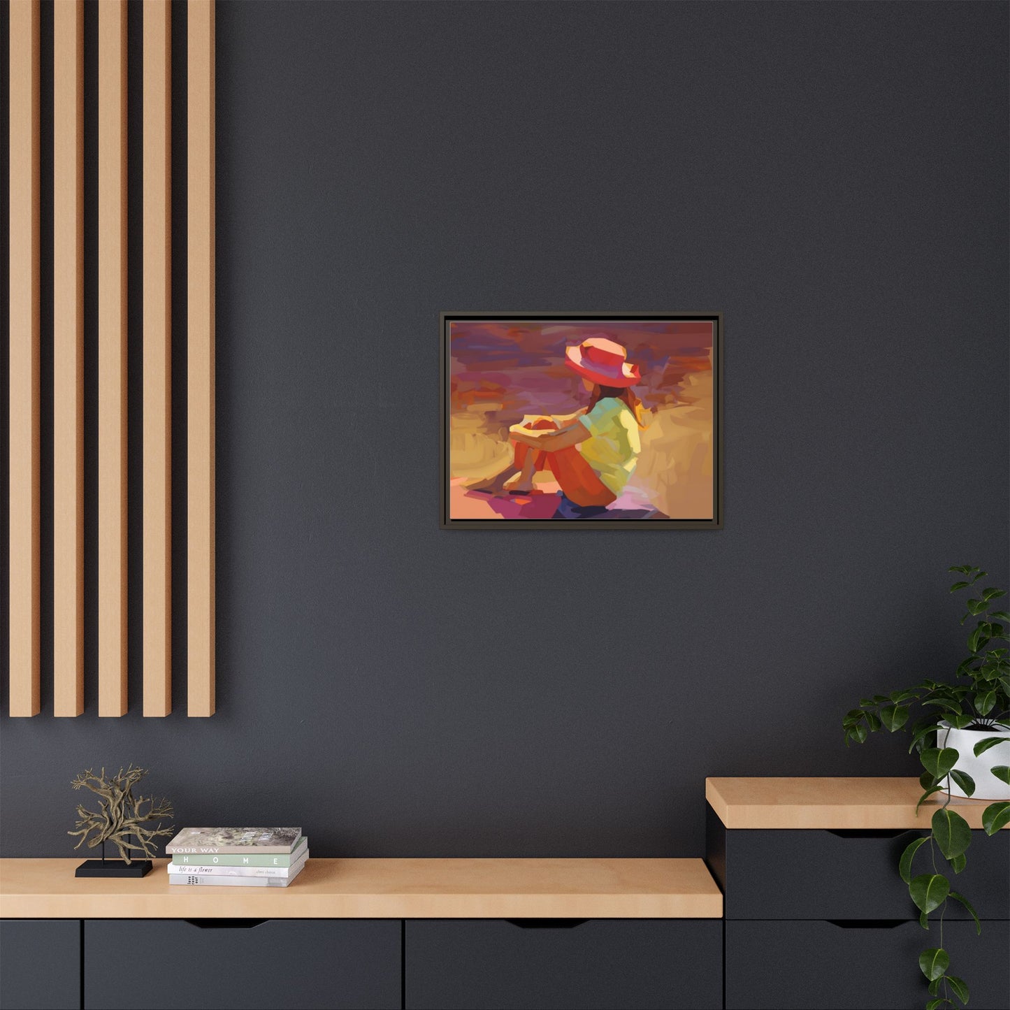 Framed Matte Canvas — Colorful Seated Girl Beach Art