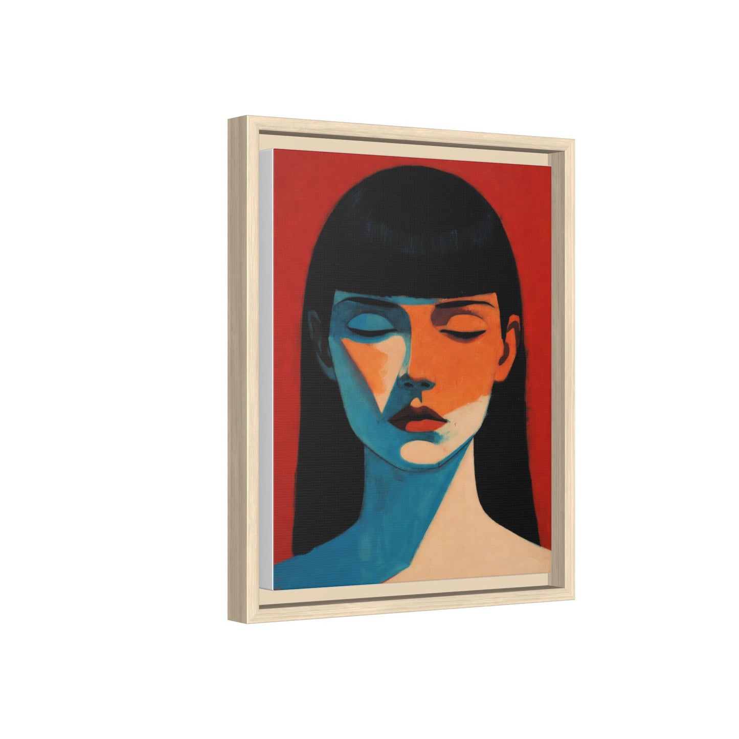 Framed Matte Canvas Art – Minimalist Portrait in Red & Teal