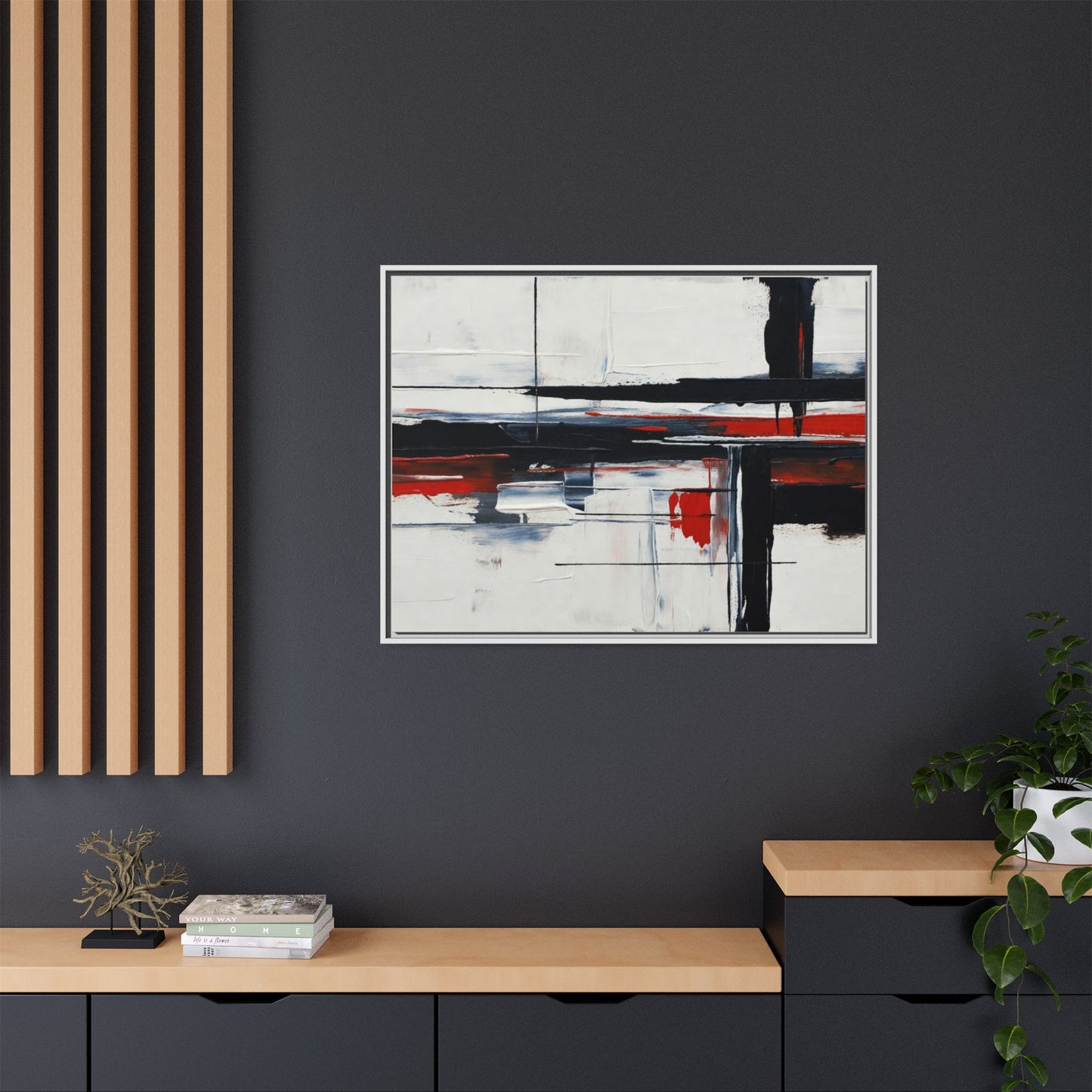 Abstract Red & Black Framed Canvas Art — Modern Matte Wall Painting