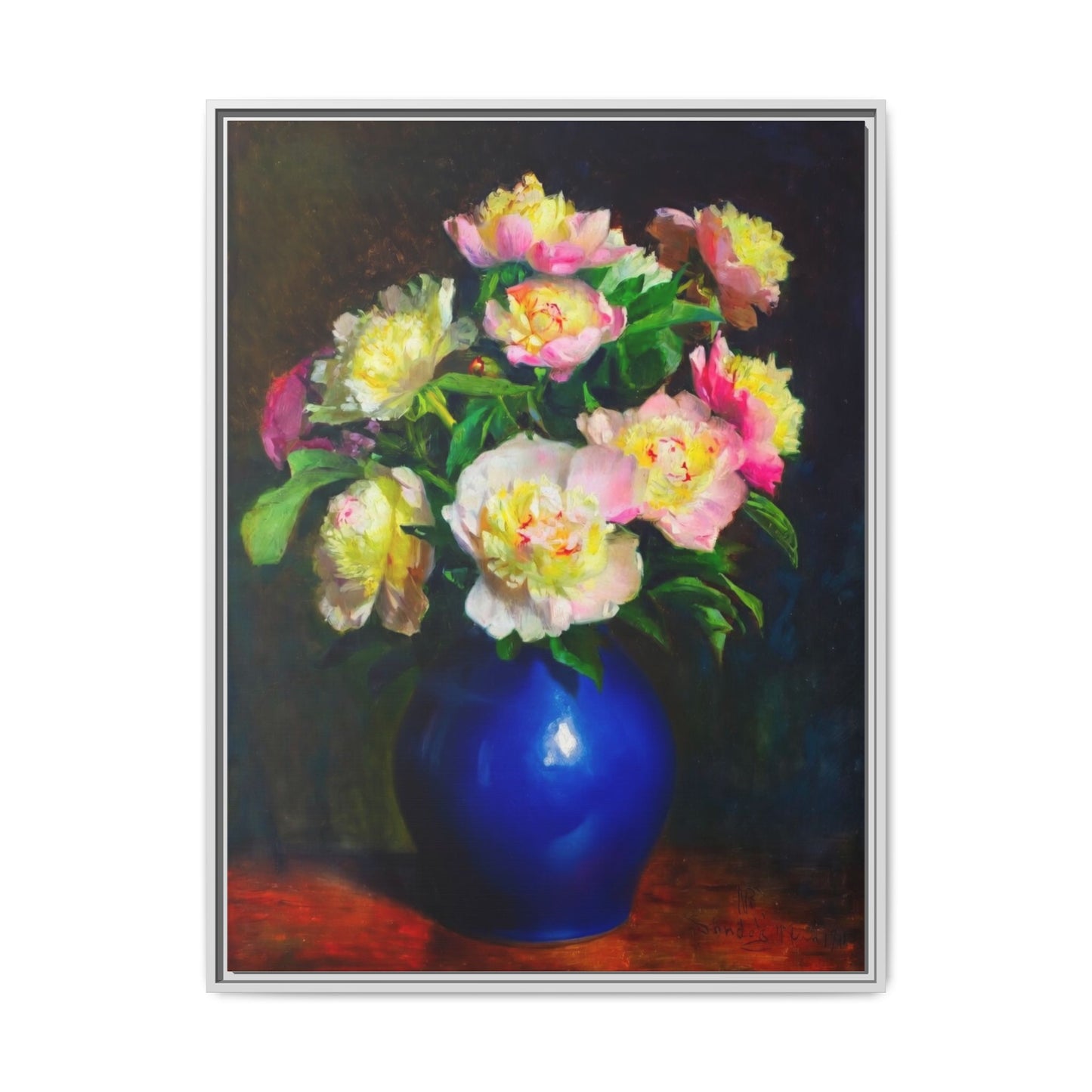 Framed Matte Canvas Wall Art — Vintage Floral Bouquet in Blue Vase