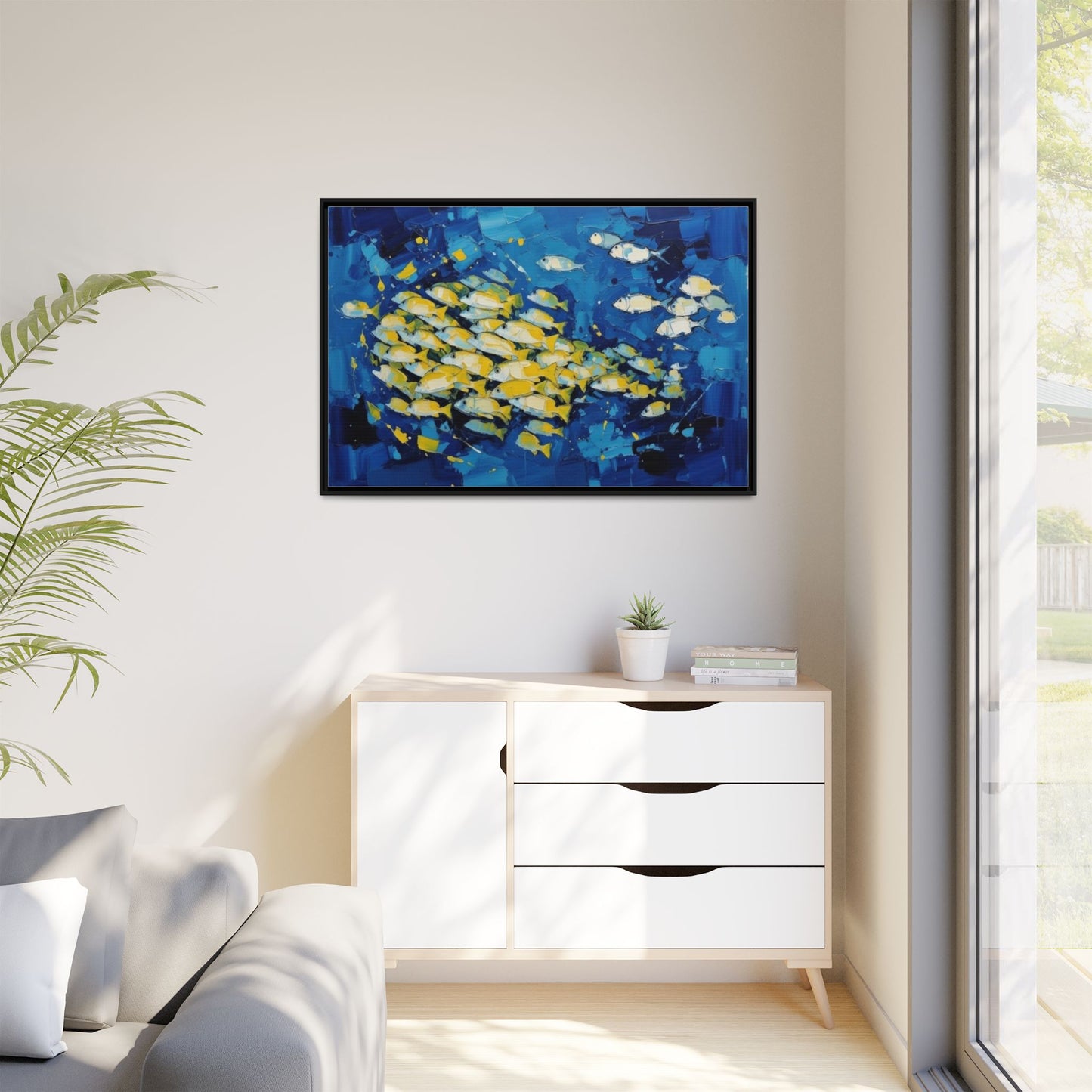 Framed Matte Canvas: Blue School of Fish Wall Art