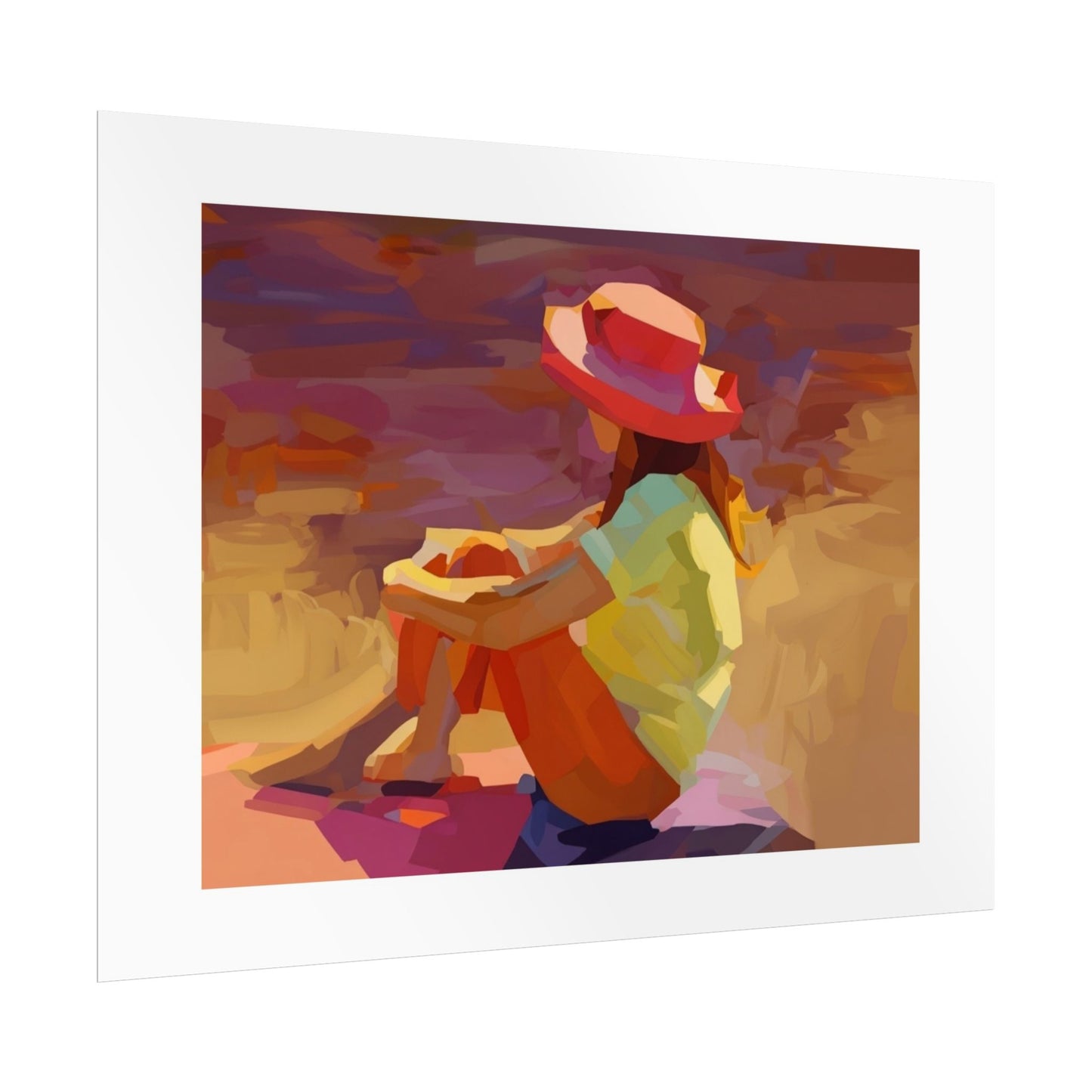 Sunset Daydream Rolled Poster — Colorful Girl in Hat Beach Art Print