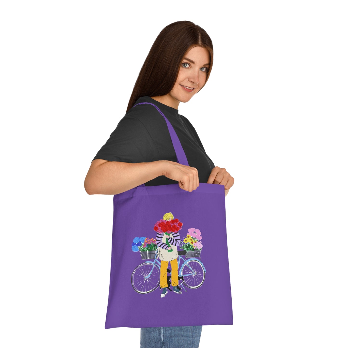 Floral Bike Tote Bag — Cotton Market Tote with Colorful Flower Bicycle Design
