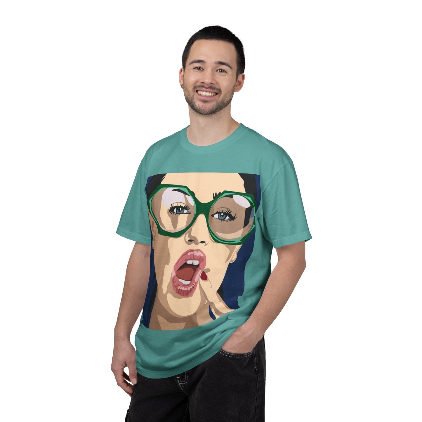 Pop Art Woman Graphic T‑Shirt — Retro Chic Green Glasses Design