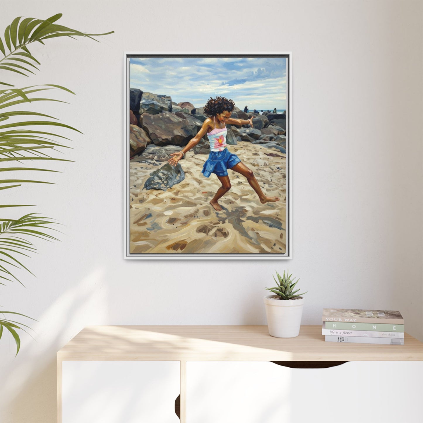 Framed Canvas Art - Girl Dancing on the Beach (Matte Multi-Color)