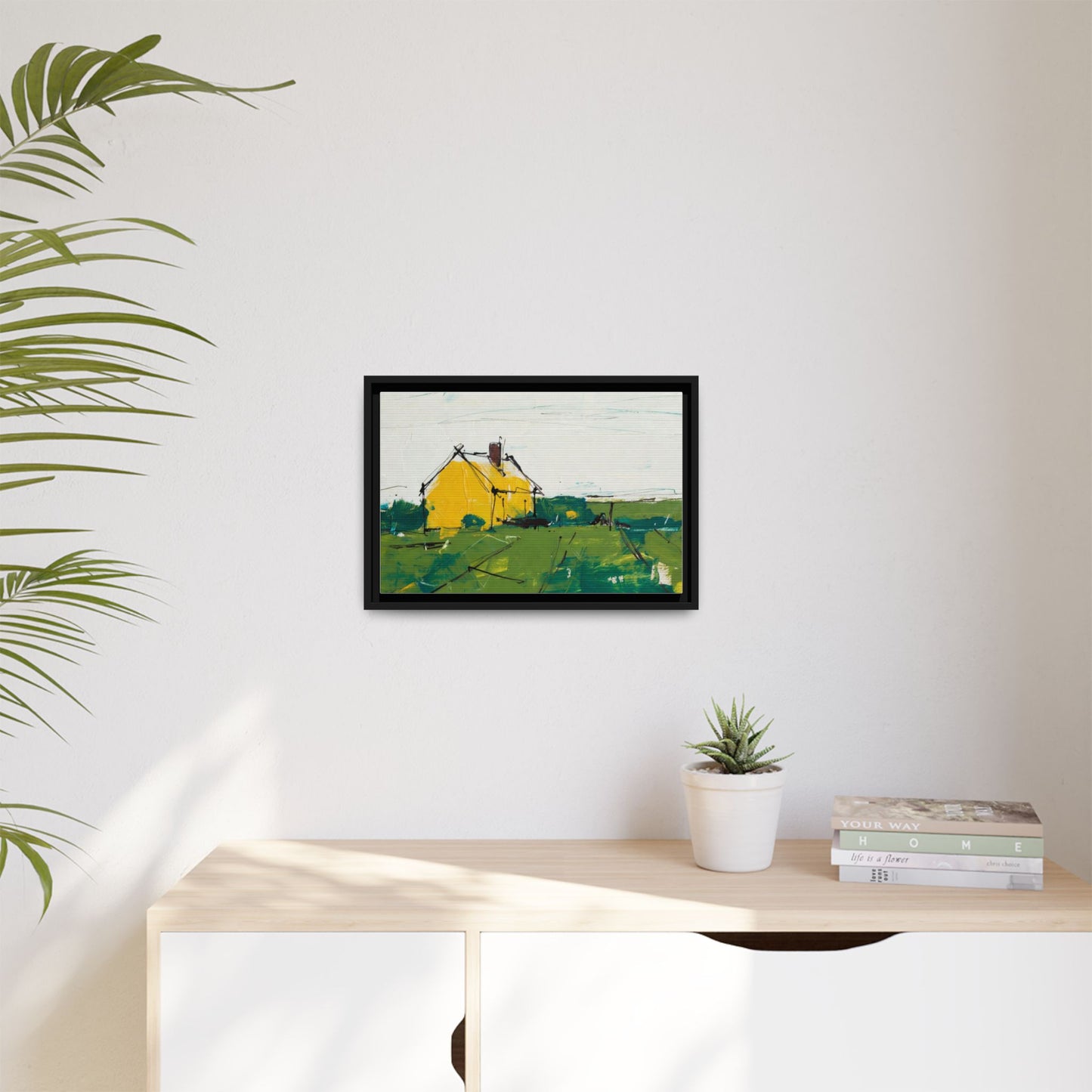 Yellow Cottage Landscape Framed Canvas Print