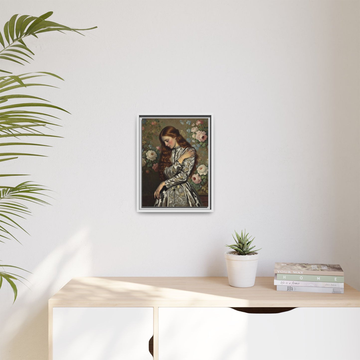 Framed Matte Canvas Art — Vintage Floral Portrait of a Young Woman