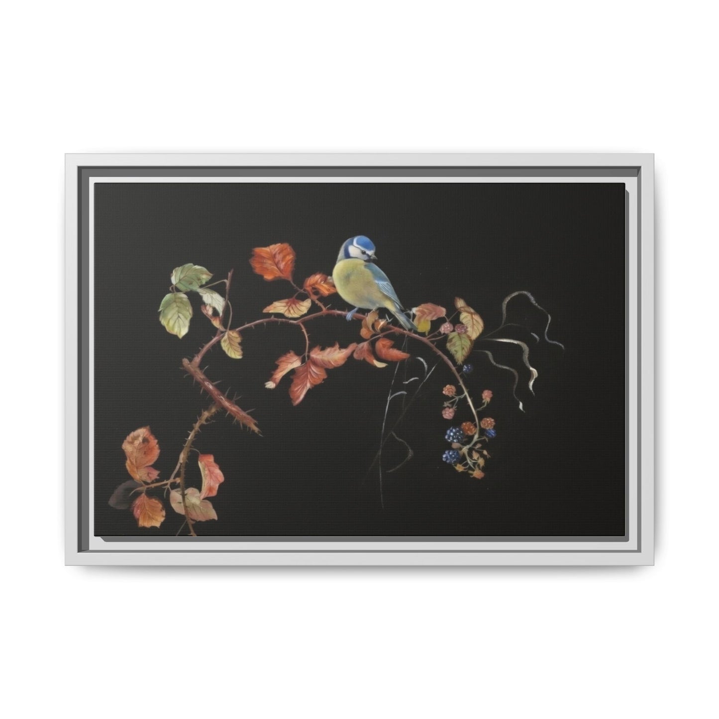 Framed Matte Canvas - Blue Tit on Autumn Branch Wall Art