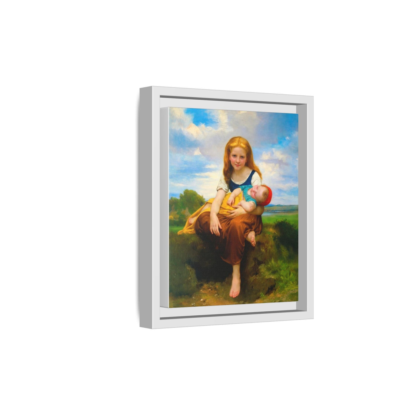Young Girl Holding Sleeping Baby Canvas Print, Framed Wall Art