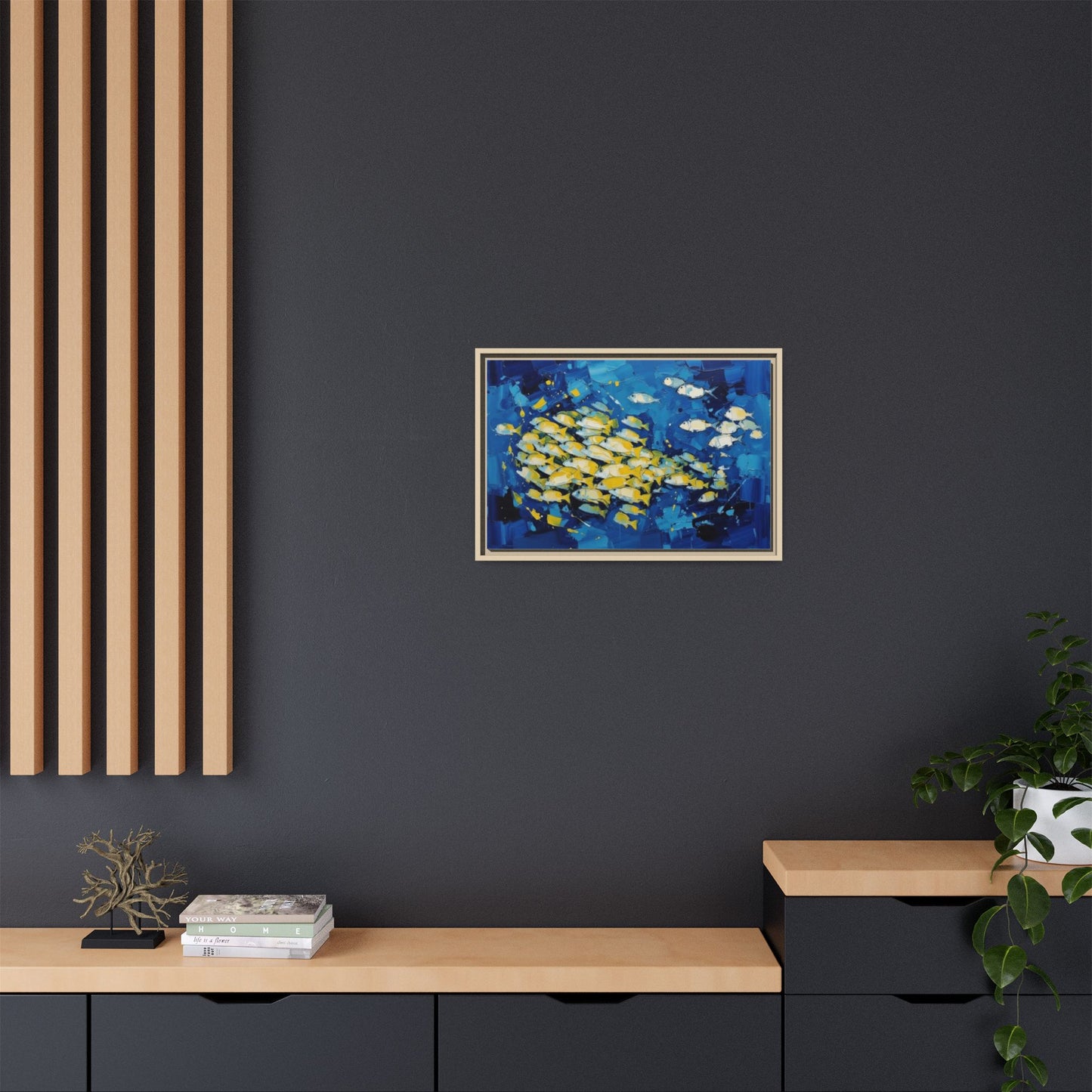 Framed Matte Canvas: Blue School of Fish Wall Art