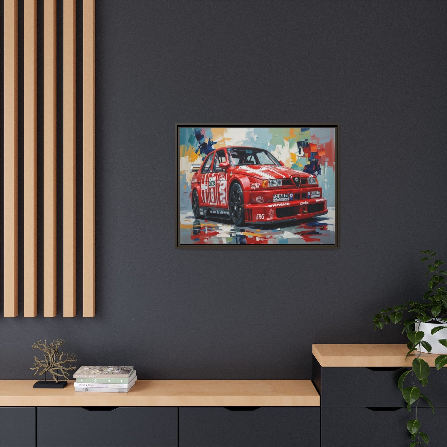 Framed Racing Car Canvas Print — Red Alfa Romeo Track Art