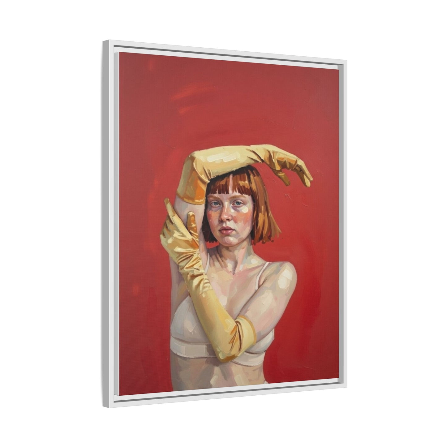 Framed Matte Canvas Art - Portrait of Woman in Yellow Gloves (Red Background)