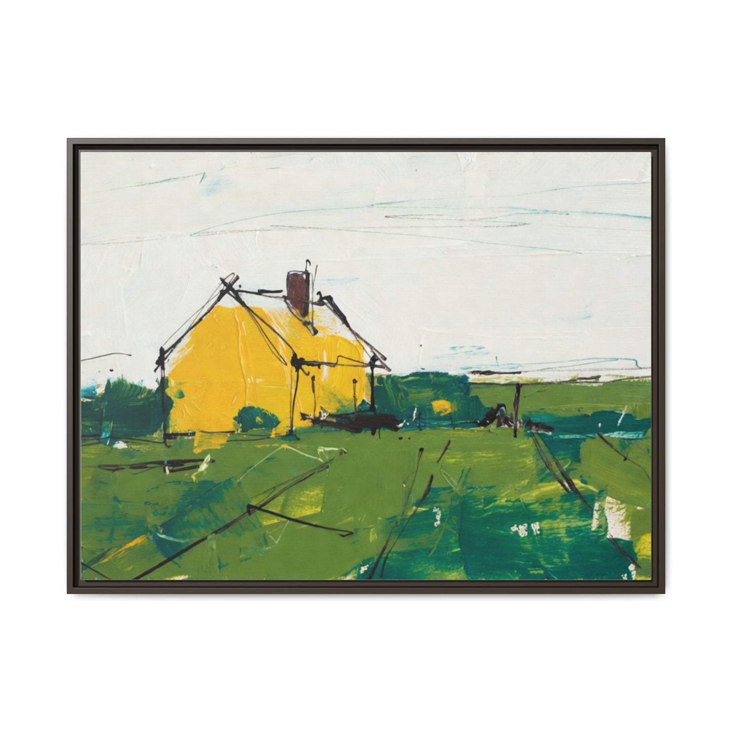 Yellow Cottage Landscape Framed Canvas Print