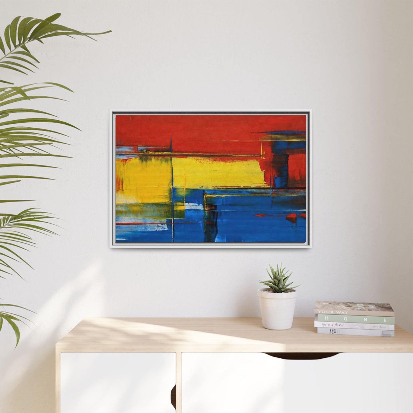 Abstract Color Block Matte Canvas Framed Wall Art — Modern Red Yellow Blue Painting