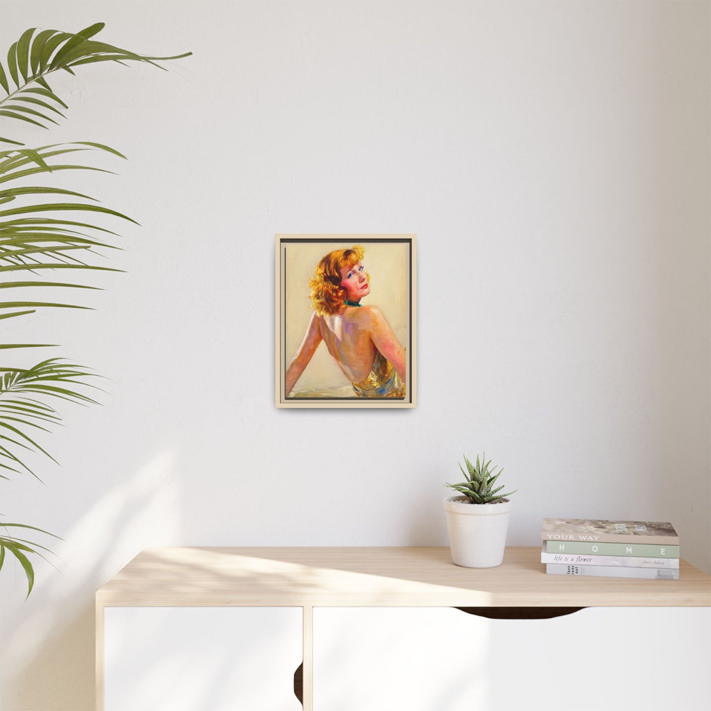Framed Matte Canvas Print — Vintage Portrait of Redhead Greta Garbo in Gold Dress