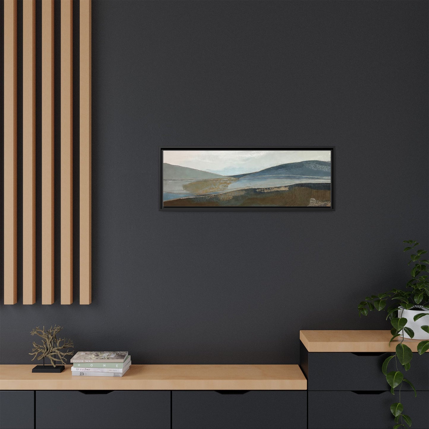 Framed Matte Canvas Landscape Art - Serene Abstract Hills in Blue & Earth Tones