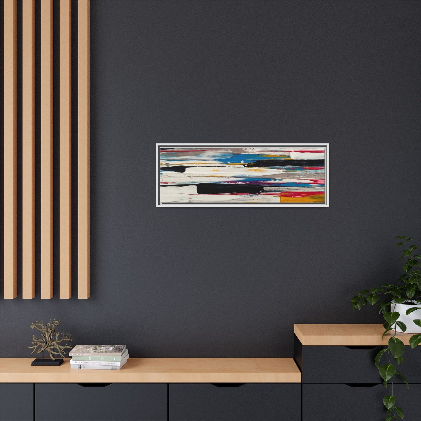 Abstract Multi-Color Framed Canvas Wall Art — Modern Horizontal Brushstroke Print