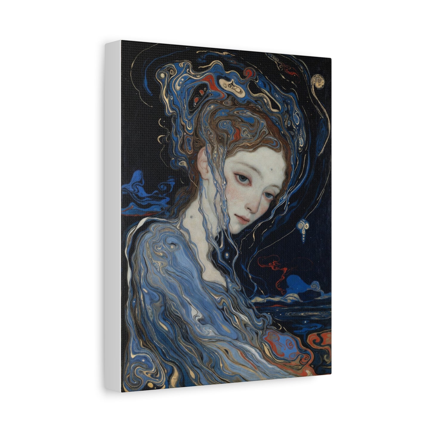 Ethereal Siren Matte Canvas Wall Art — Surreal Blue Portrait, Stretched 1.25"
