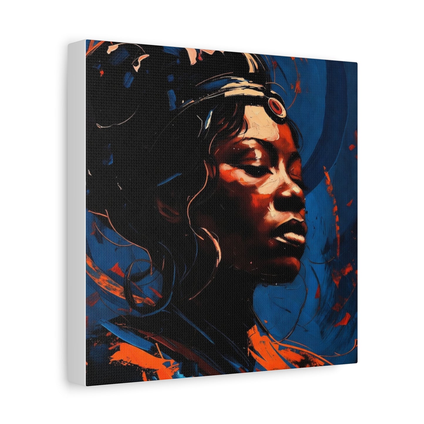 Regal Afrocentric Portrait Matte Canvas Art – Vibrant Blue & Orange Stretched Wall Decor