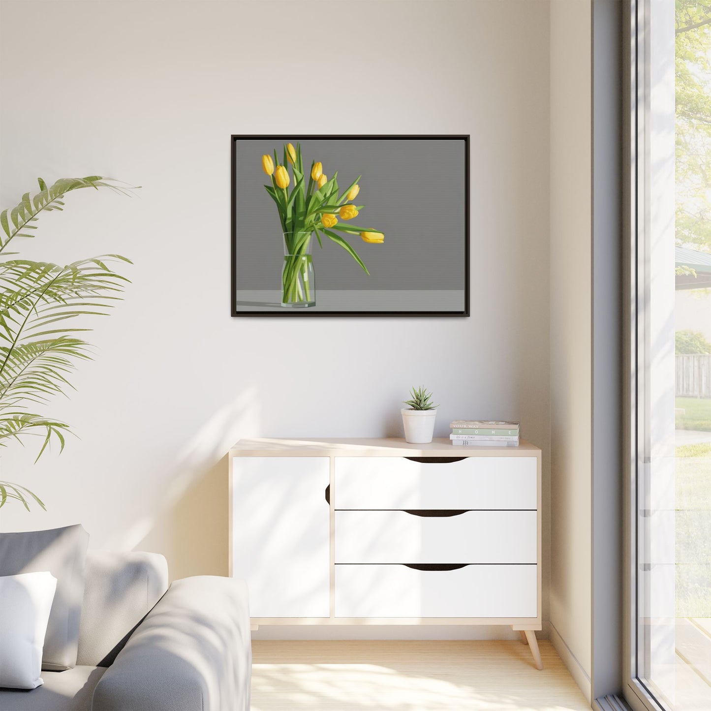 Framed Matte Canvas Art — Yellow Tulip Vase Wall Print