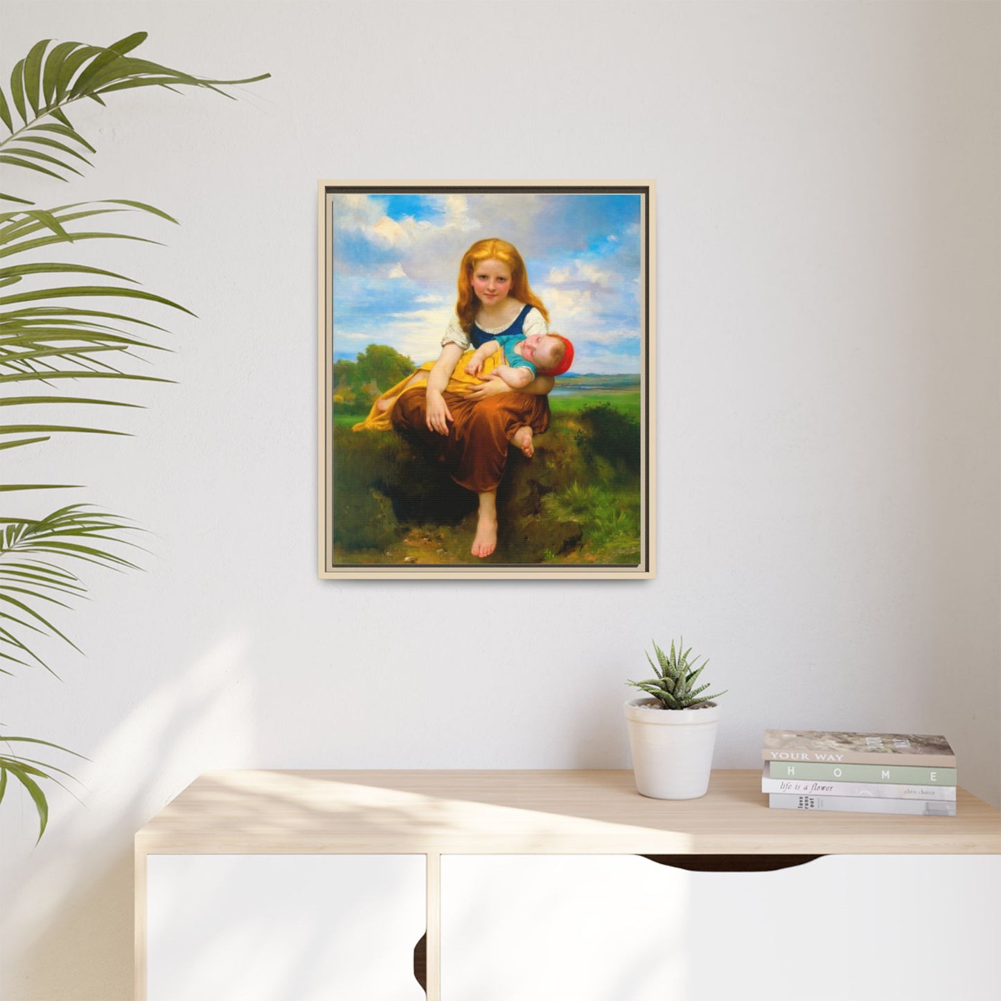 Young Girl Holding Sleeping Baby Canvas Print, Framed Wall Art