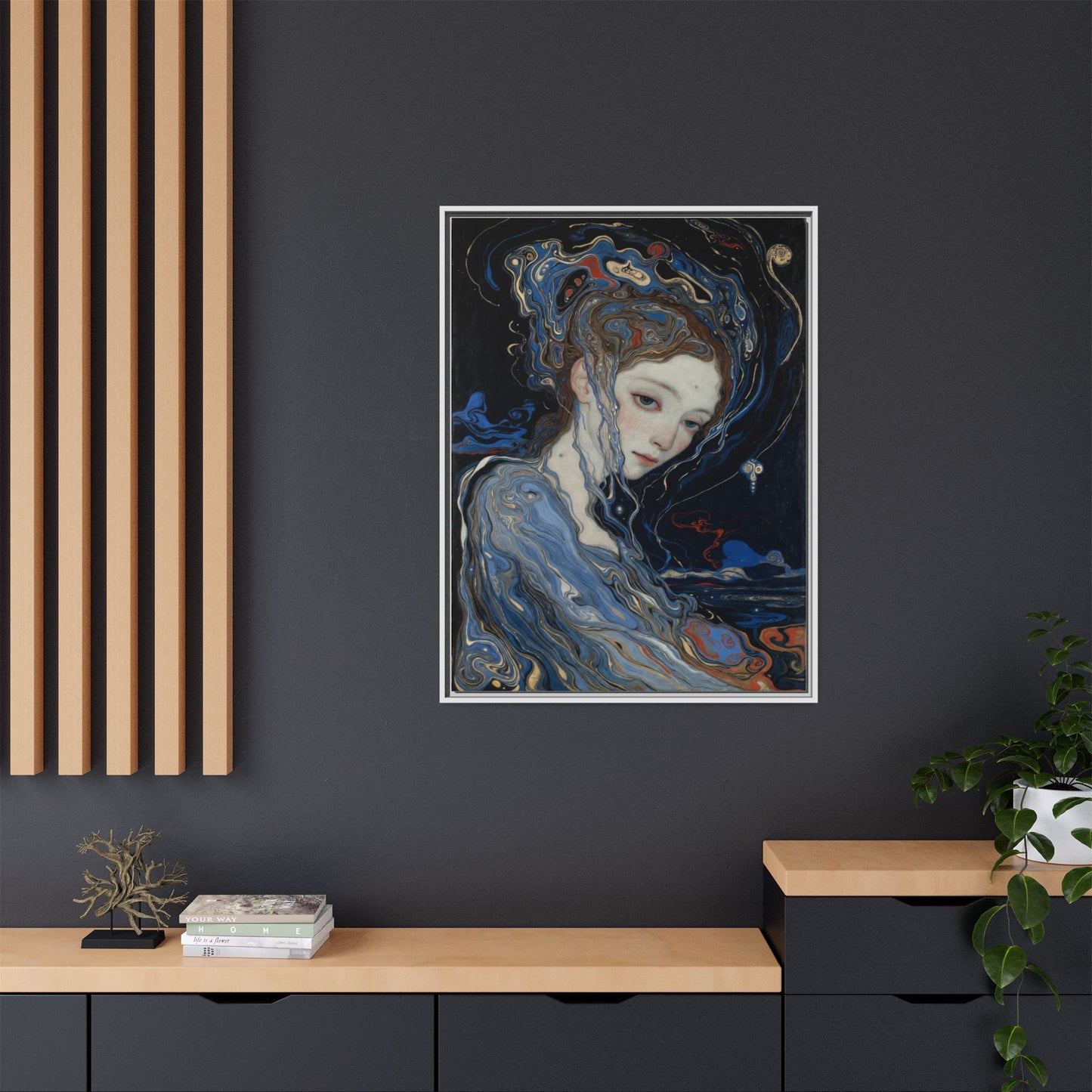 Framed Matte Canvas Art Print — Surreal Blue Maiden Portrait