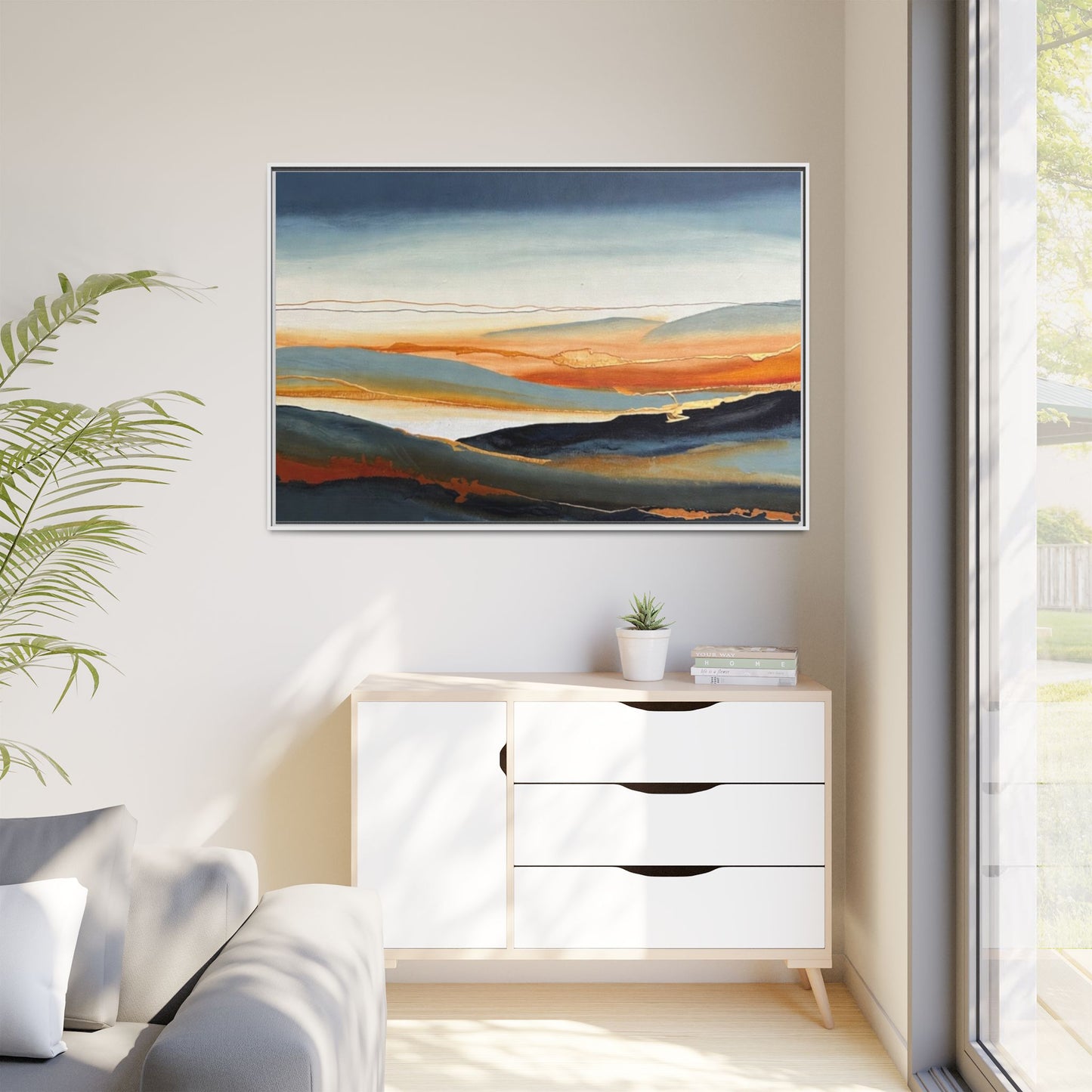 Framed Matte Canvas: Abstract Coastal Sunset Landscape Wall Art