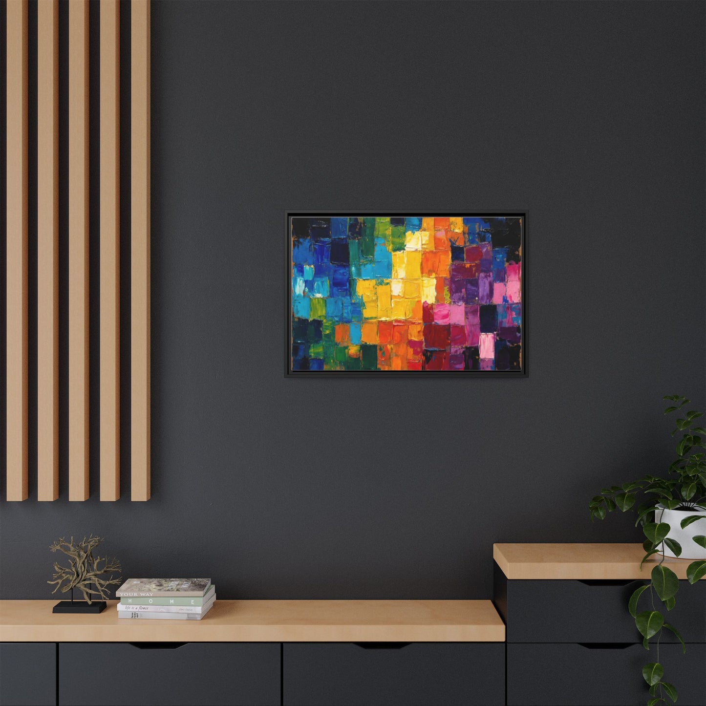 Abstract Rainbow Mosaic Framed Canvas Print — Colorful Modern Wall Art