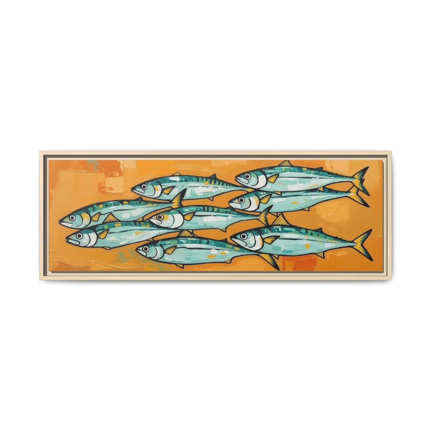 Framed Matte Canvas Print — School of Blue Fish on Orange Abstract Background