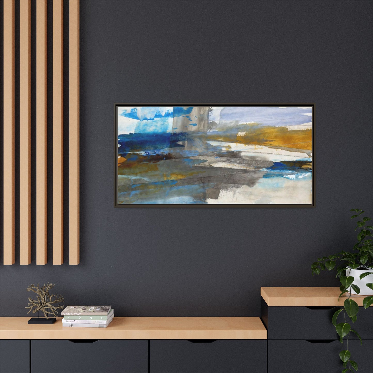 Abstract Blue & Gold Framed Canvas Art — Matte Multi-Color Wall Print