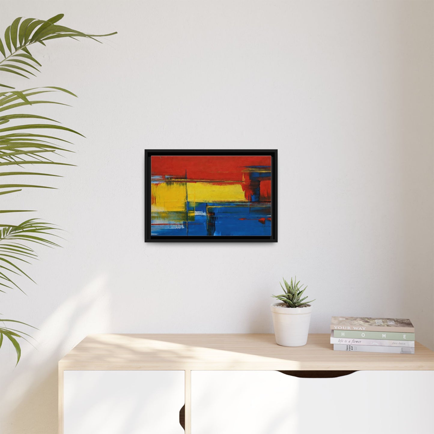 Abstract Color Block Matte Canvas Framed Wall Art — Modern Red Yellow Blue Painting