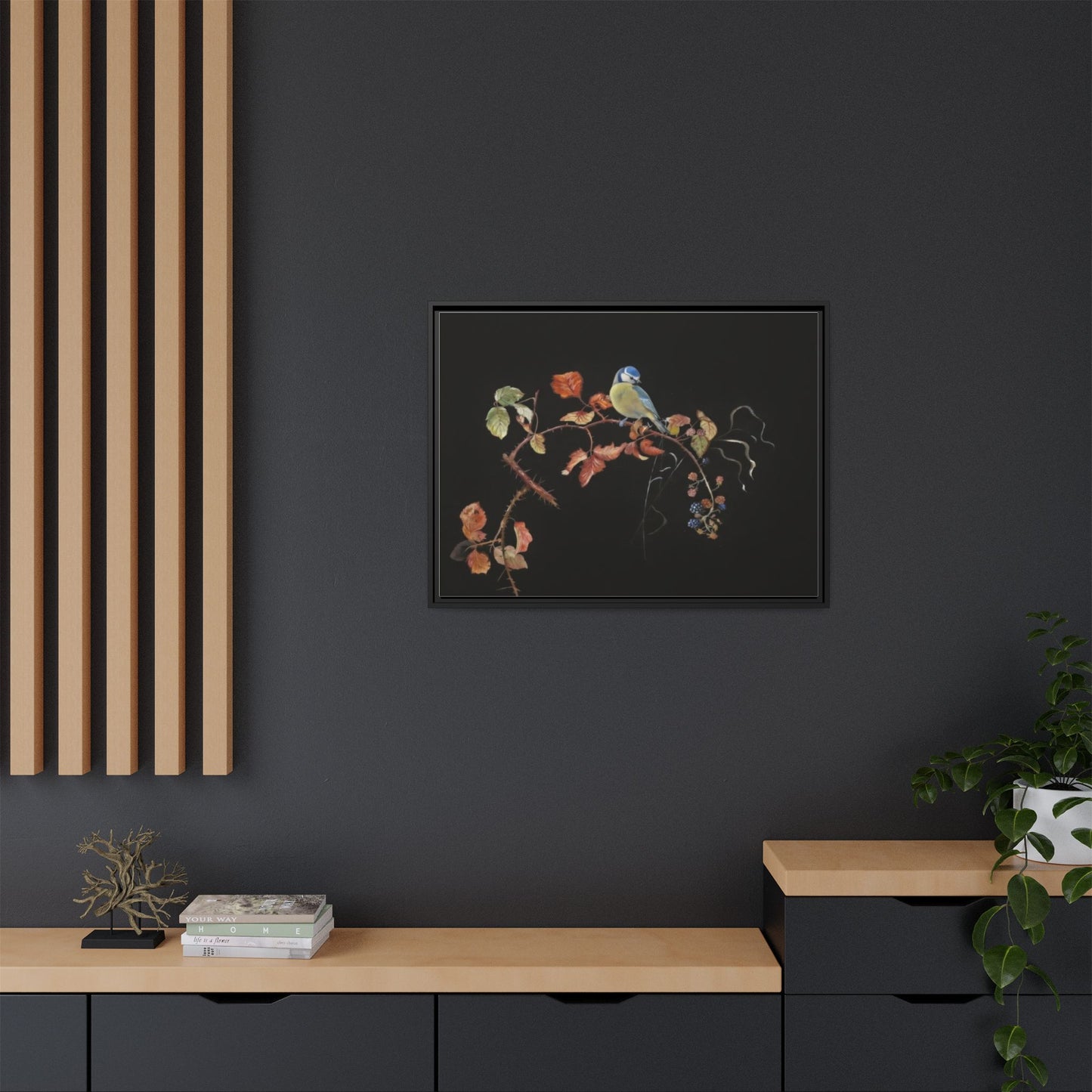 Framed Matte Canvas - Blue Tit on Autumn Branch Wall Art