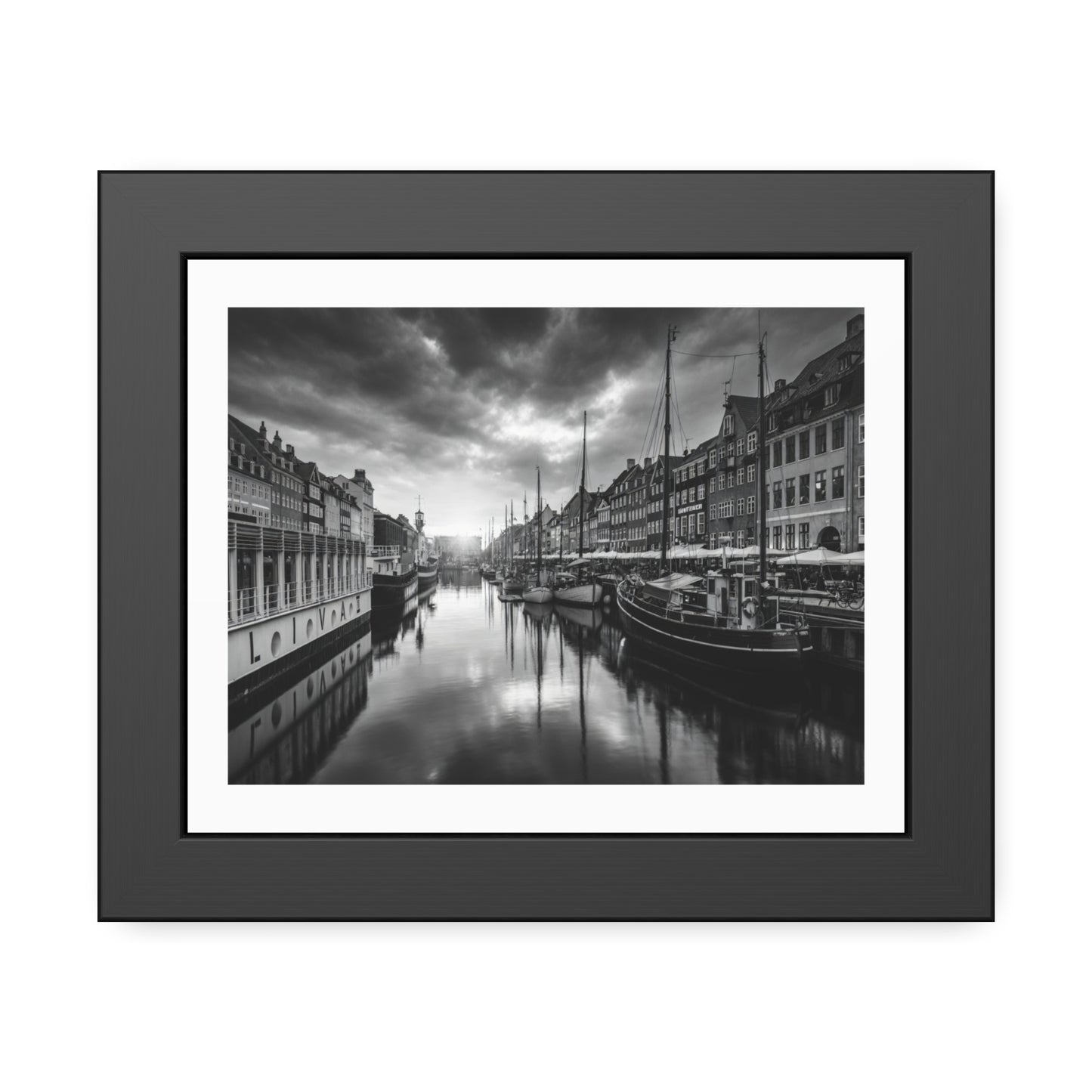 Black & White Dutch Canal Framed Photo Print — Nautical Cityscape Wall Art