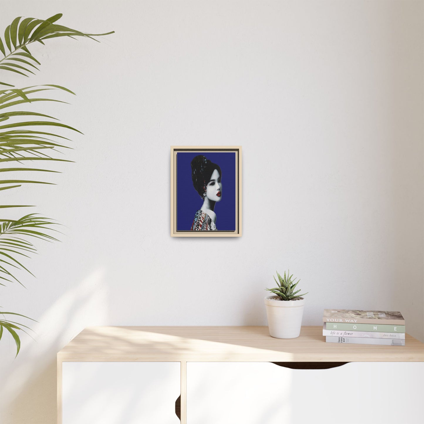 Framed Matte Canvas Art — Elegant Geisha Portrait on Deep Blue