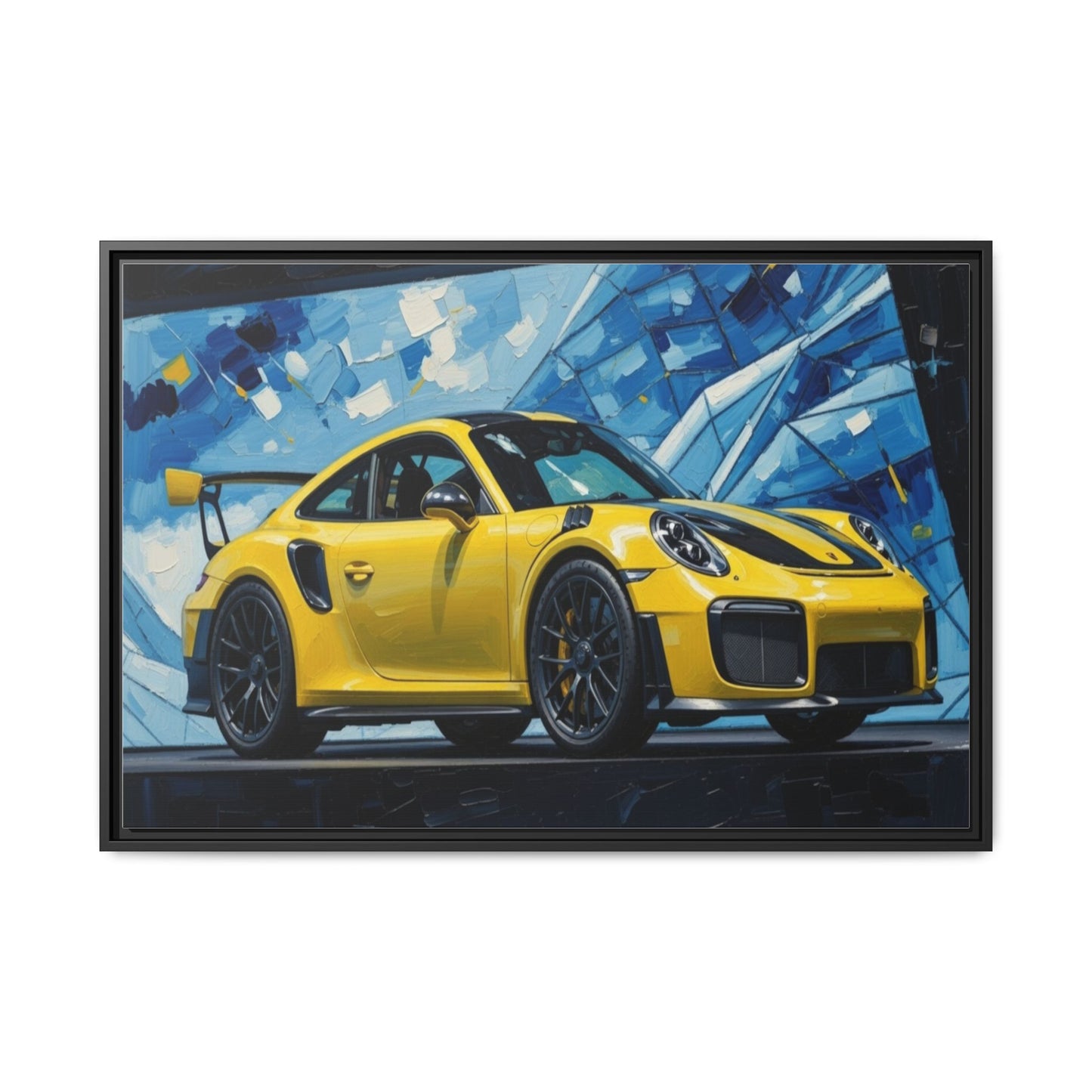 Yellow Porsche Sports Car Matte Framed Canvas – Modern Automotive Wall Art