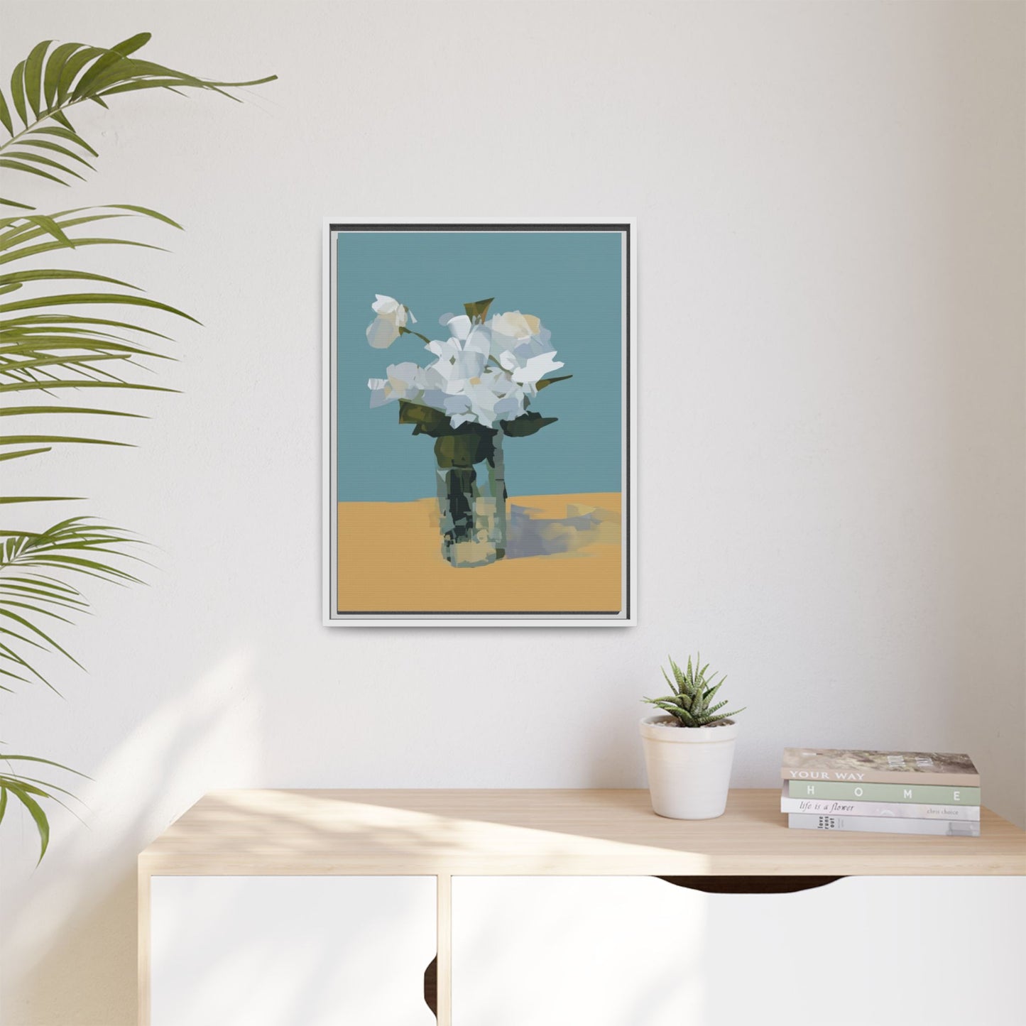 Framed Floral Still Life Canvas Art — Modern White Bouquet Wall Art