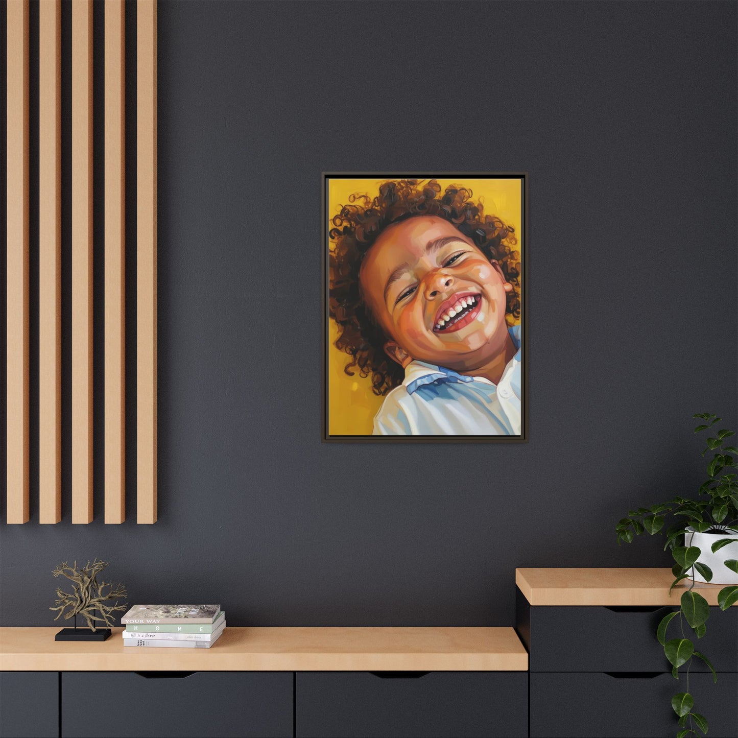 Framed Matte Canvas Print – Joyful Child Portrait, Colorful Nursery Wall Art