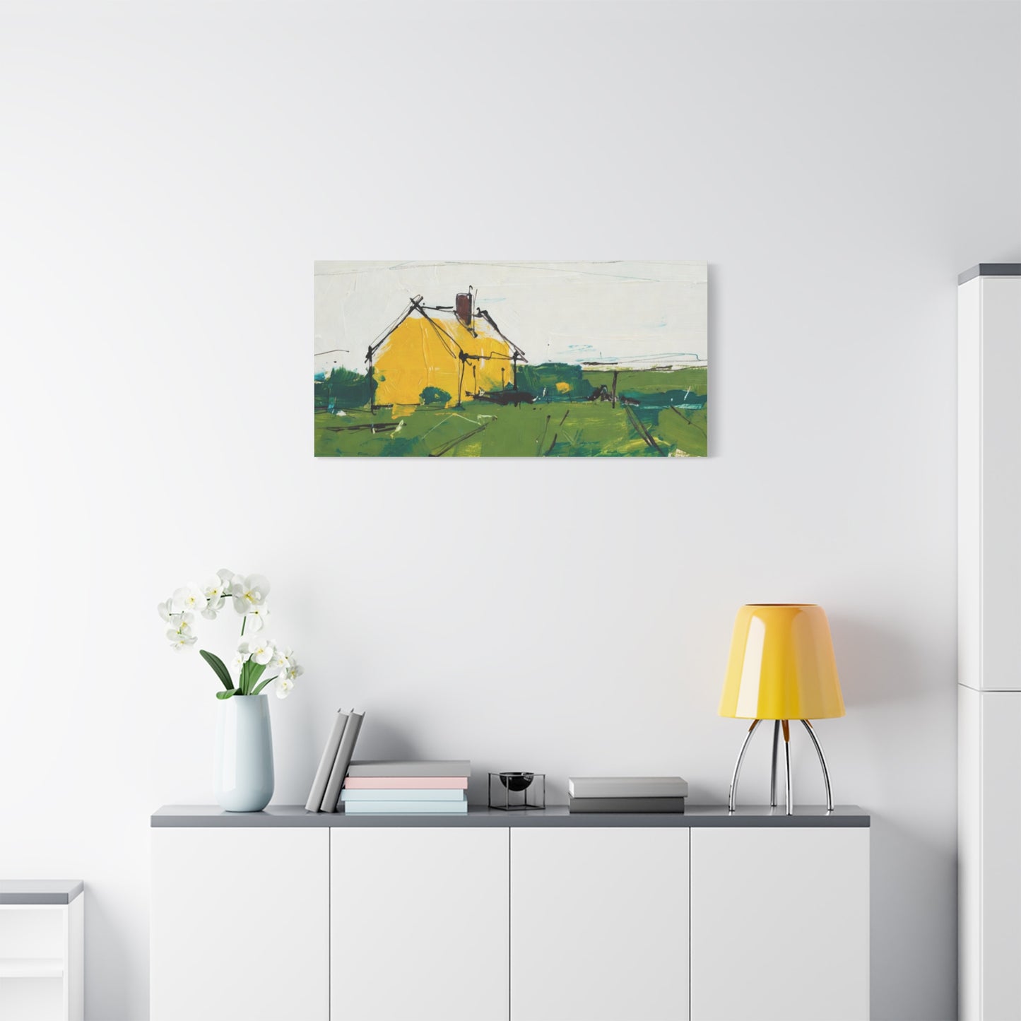 Yellow Cottage Landscape Canvas - Matte Stretched Wall Art