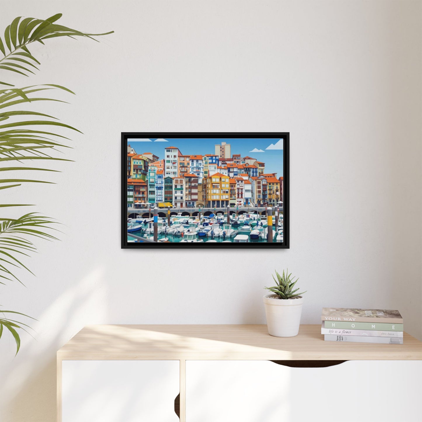 Framed Matte Canvas Print — Colorful Mediterranean Harbor Illustration