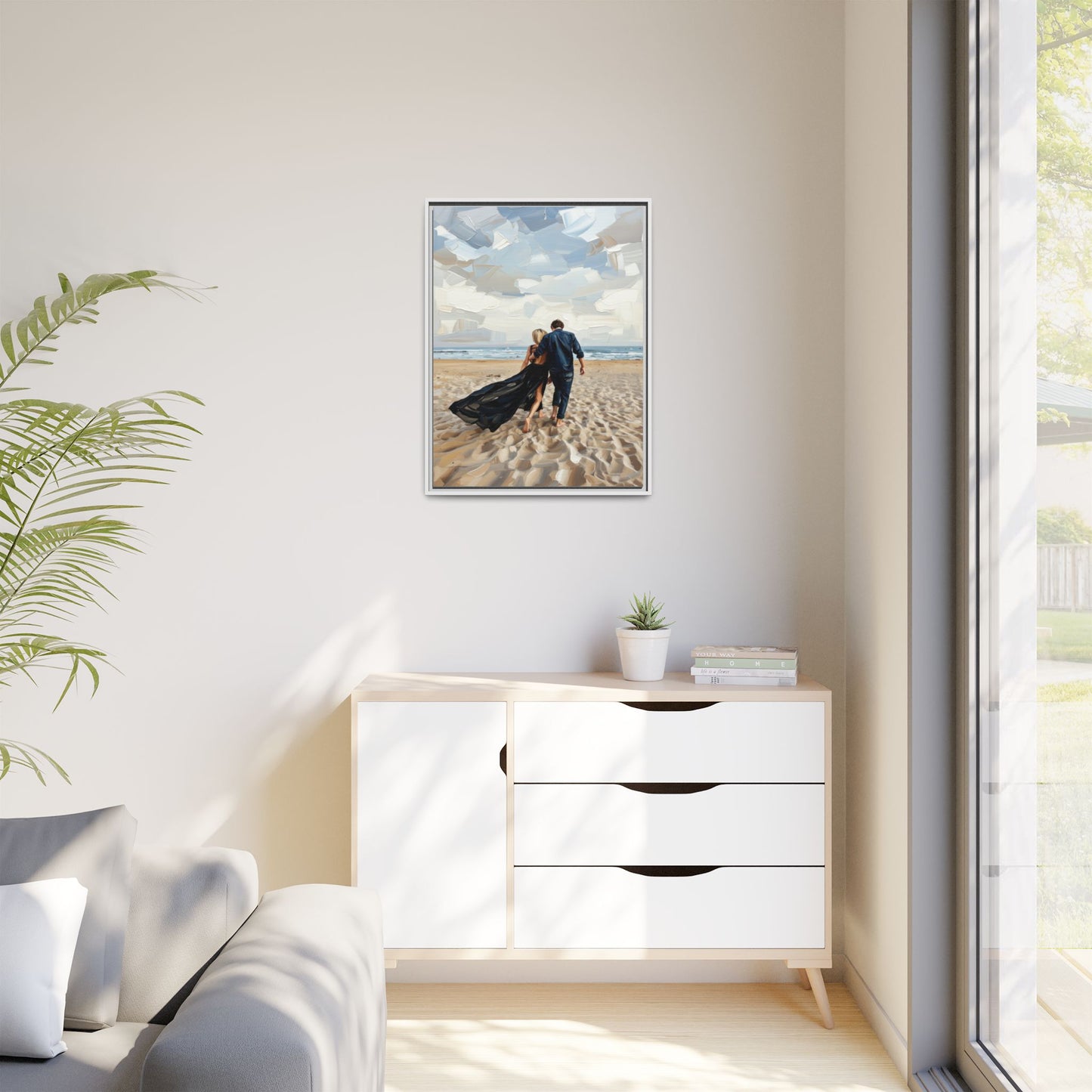 Framed Canvas Wall Art — Romantic Couple Walking on Beach Print