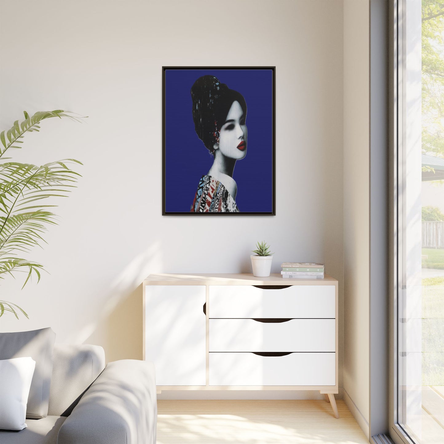 Framed Matte Canvas Art — Elegant Geisha Portrait on Deep Blue