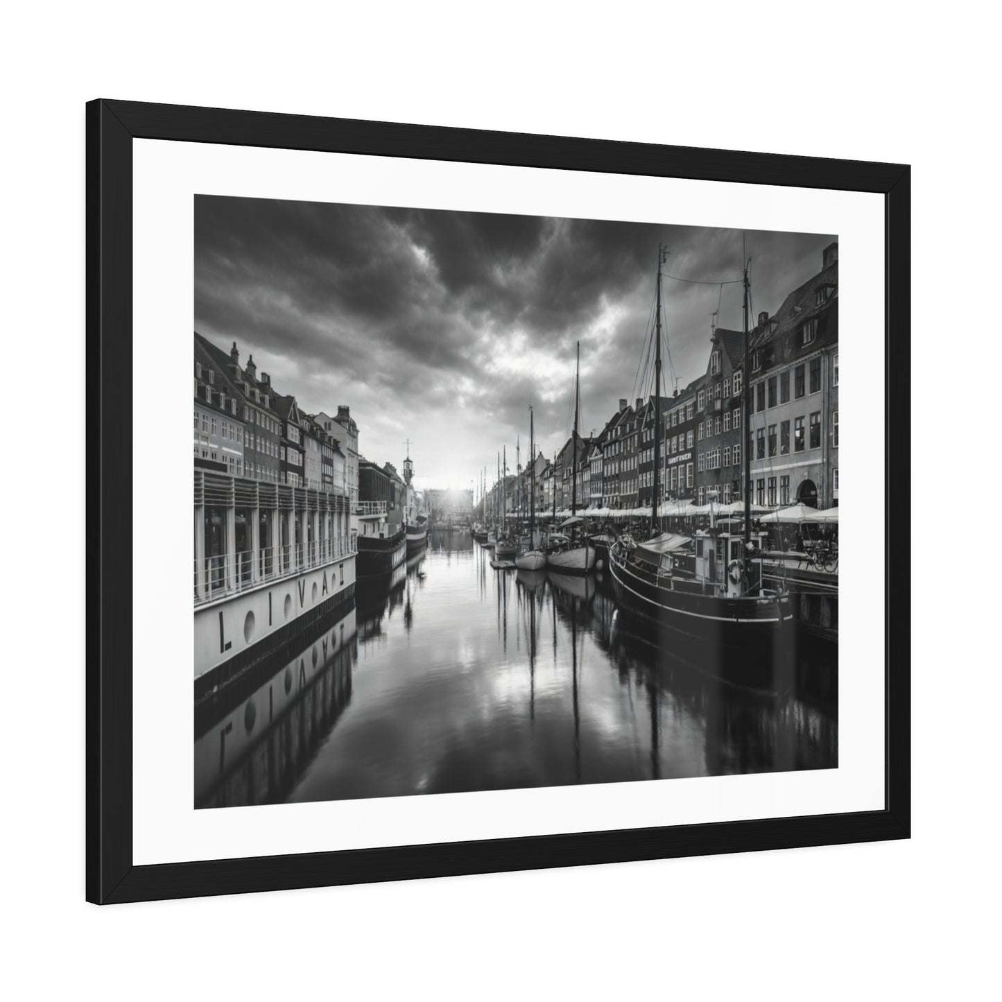 Black & White Dutch Canal Framed Photo Print — Nautical Cityscape Wall Art