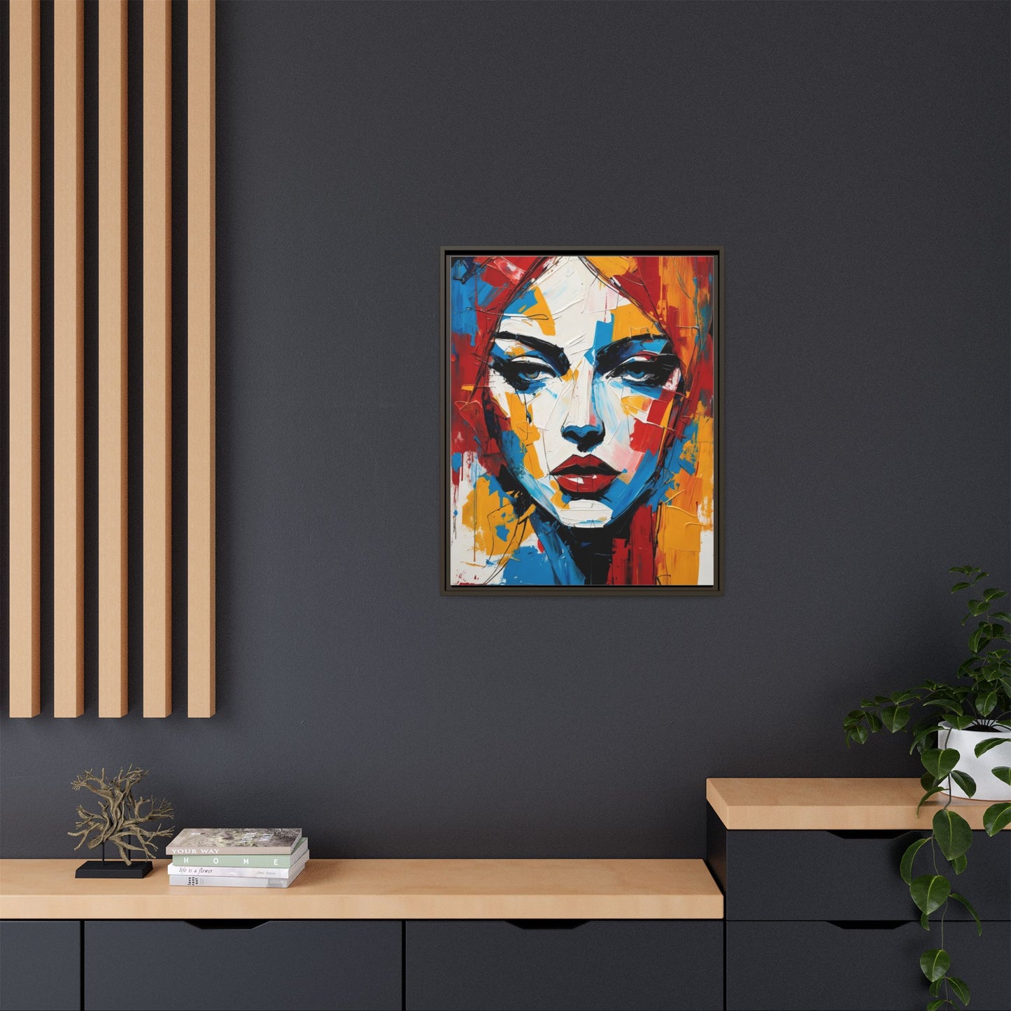 Framed Abstract Portrait Canvas — Colorful Female Face Wall Art