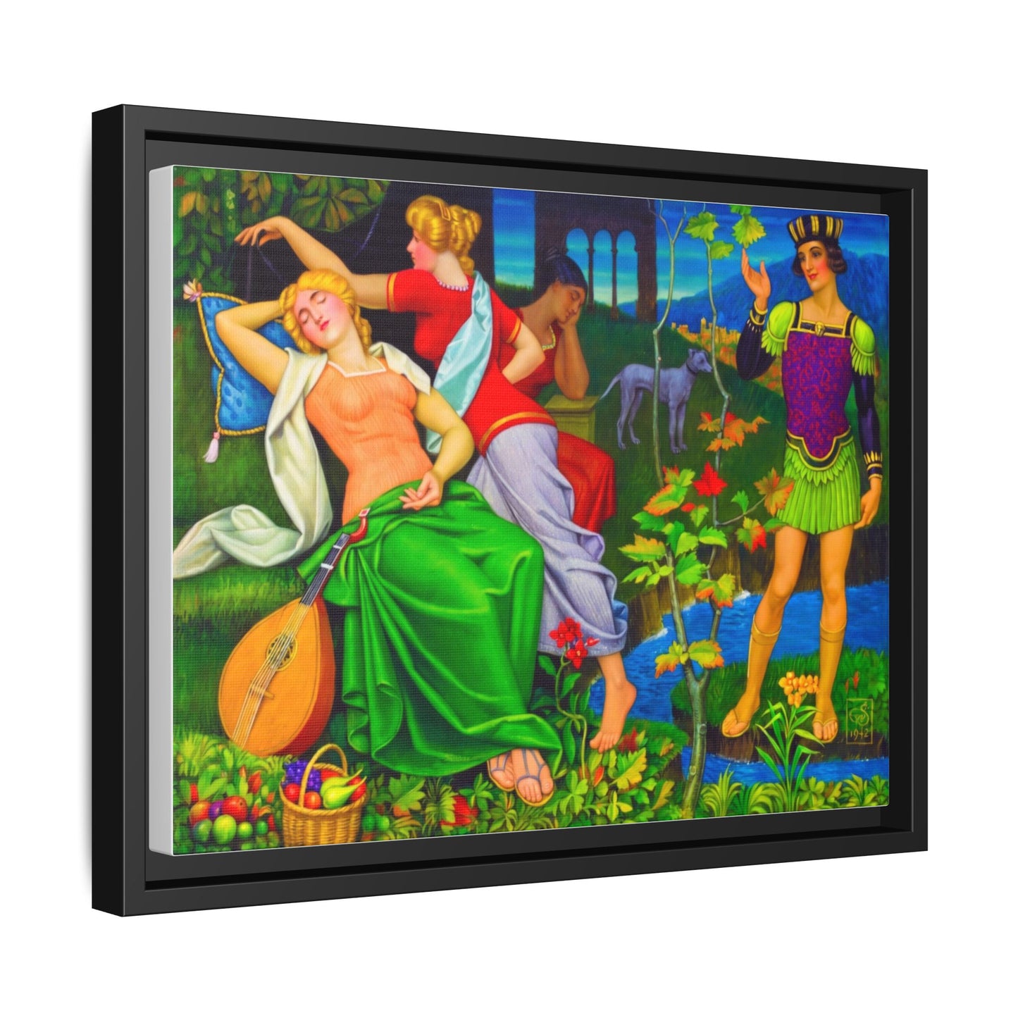 Framed Matte Canvas Art — Colorful Mythic Garden Scene