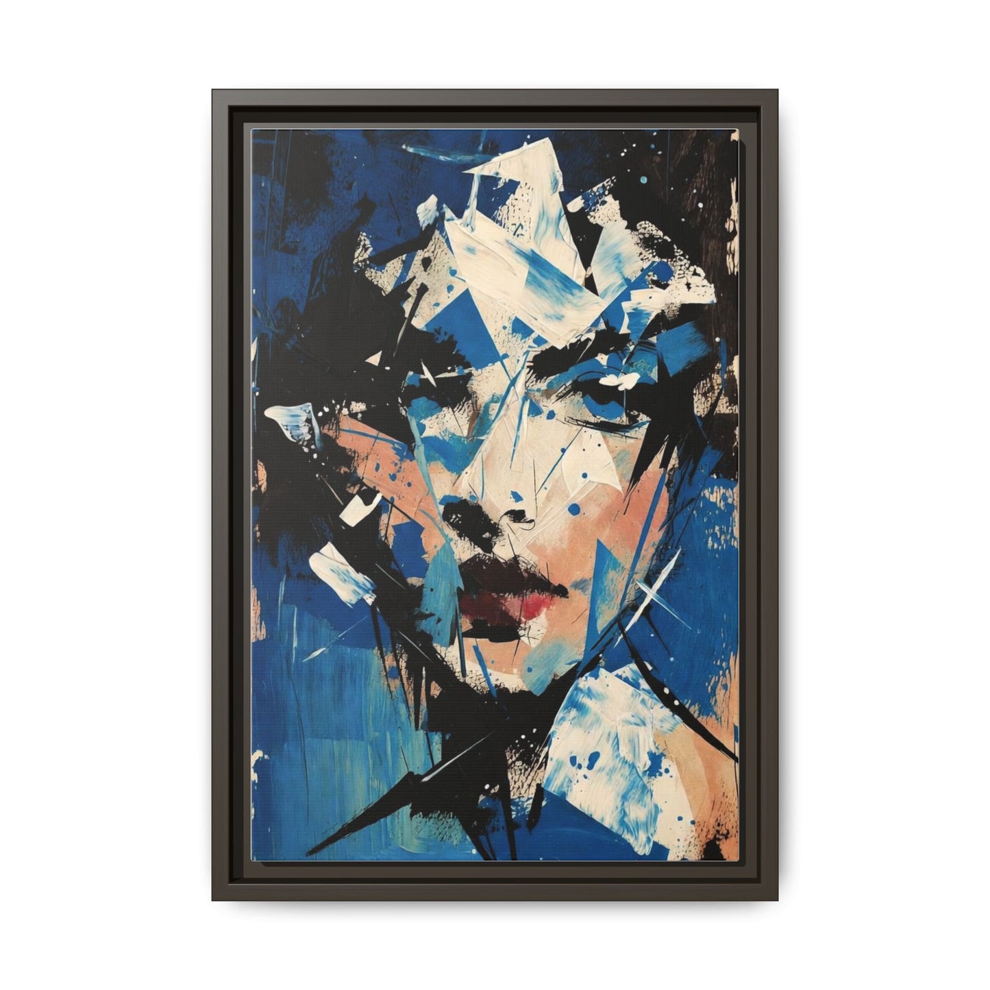Abstract Portrait Matte Canvas Framed Wall Art — Blue Mixed-Media Face Print