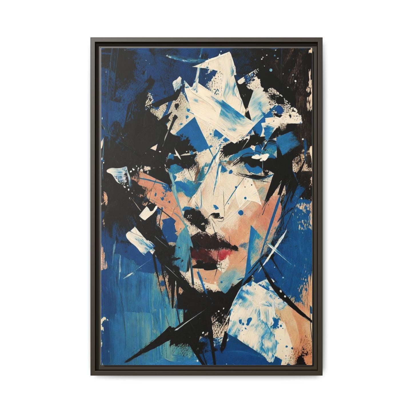 Abstract Portrait Matte Canvas Framed Wall Art — Blue Mixed-Media Face Print