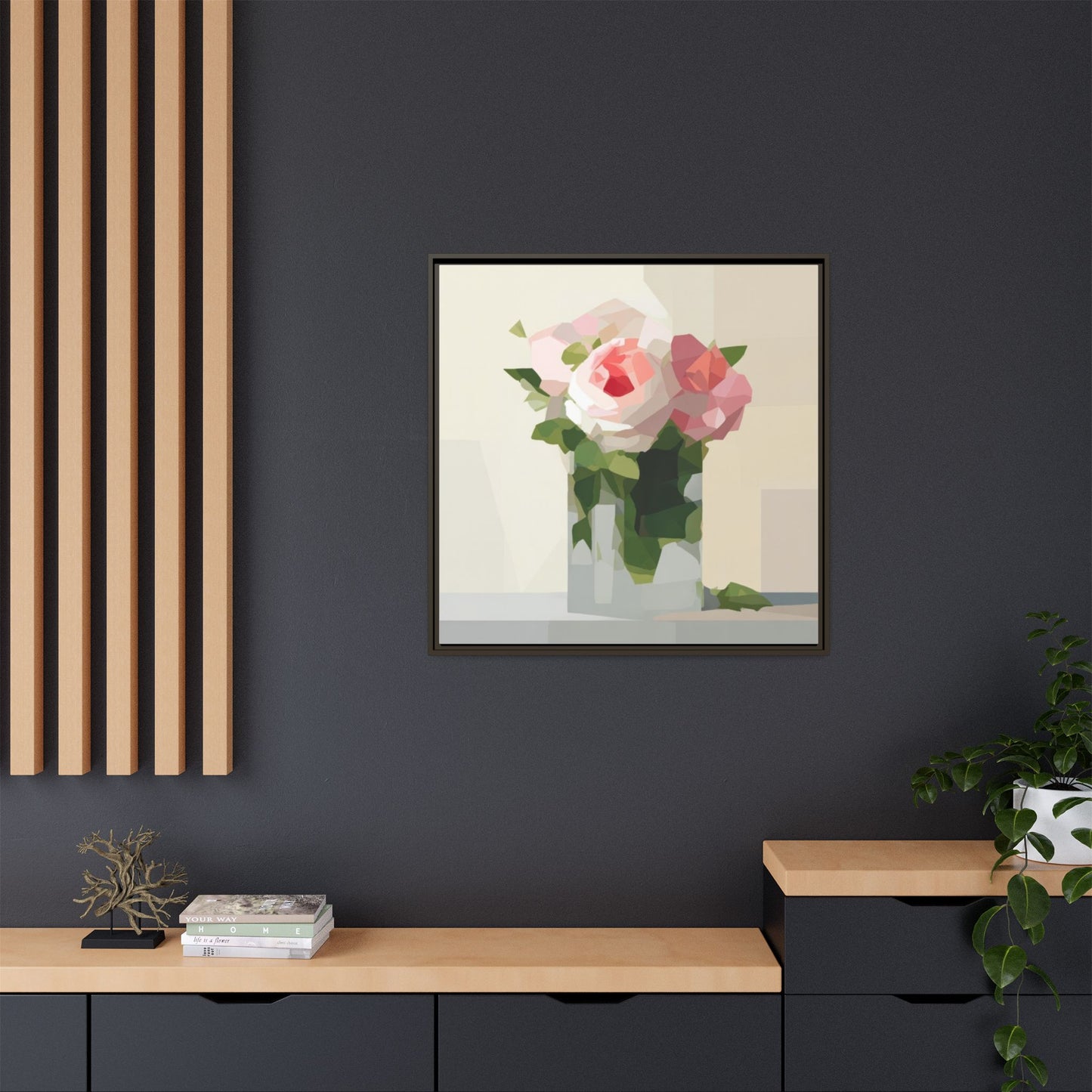 Framed Floral Canvas Print — Geometric Pink Rose Wall Art
